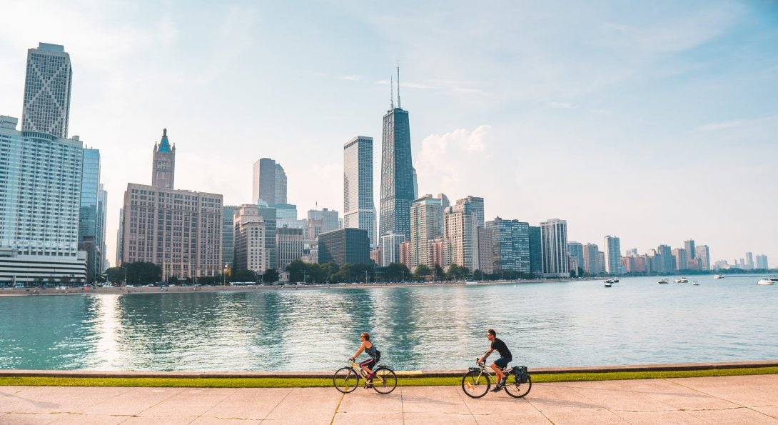 Chicago skyline along lakeshore path