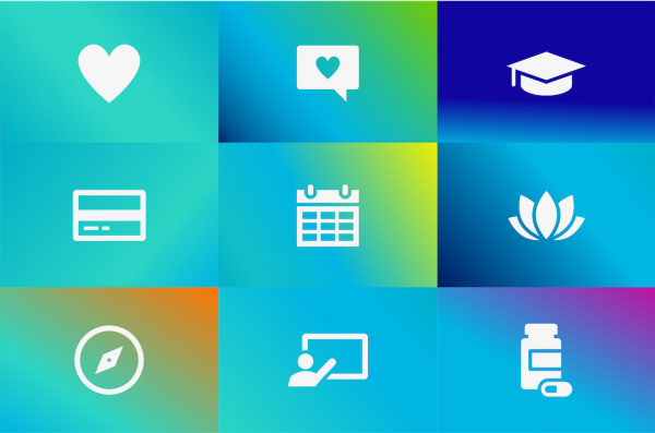 nine cartoon squares with icons depicting various types of services on multicolored gradient backgrounds