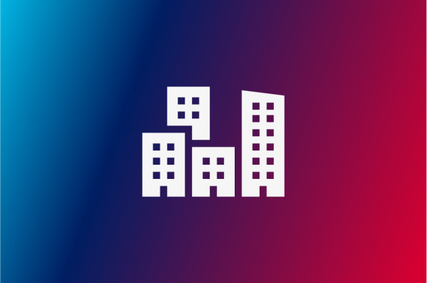 white icon of four tall buildings over a blue and purple background