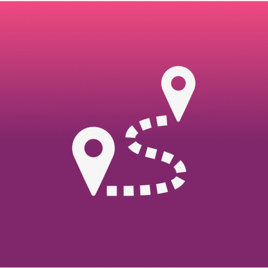 one map pin with a dotted line connecting it to another map pin, all over a fuschia gradient background
