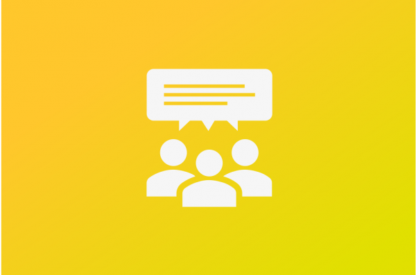 white icon of three people with a speech bubble above their heads over a yellow background