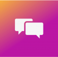 white icon of two overlapping text boxes symbolizing dialogue over an orange and pink gradient background