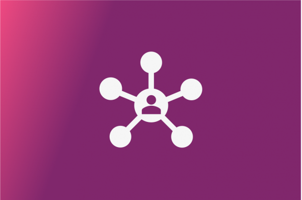 white icon of of a concept map with a person in the middle and a purple gradient background
