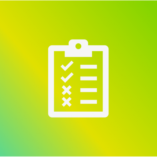 white icon of a clipboard with a checklist on it, over a green gradient background