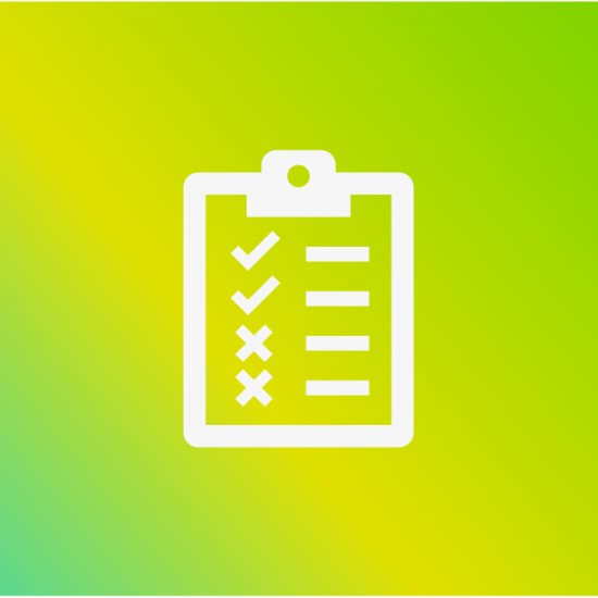 white icon of a checklist on a clipboard over a green gradient