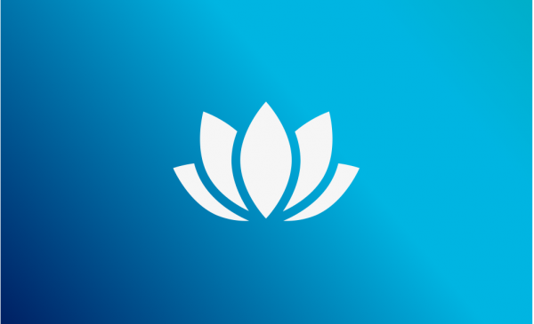 white icon of a lotus flower over a blue gradient background