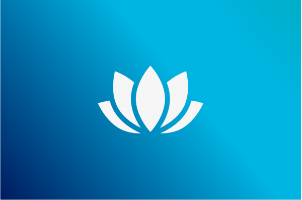 white icon of a lotus flower over a blue gradient background