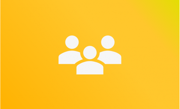 White icon of three people over a yellow background