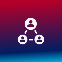 Outreach icon. Three white circles with minimalistic outlines of people are connected by white lines on a red and blue background