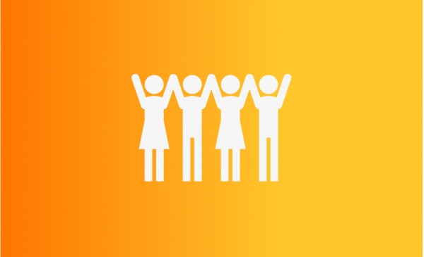 white icon of four people holding hands with their arms raised above their heads over an orange and yellow background