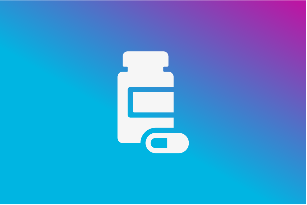 white pill bottle icon over a blue and purple background