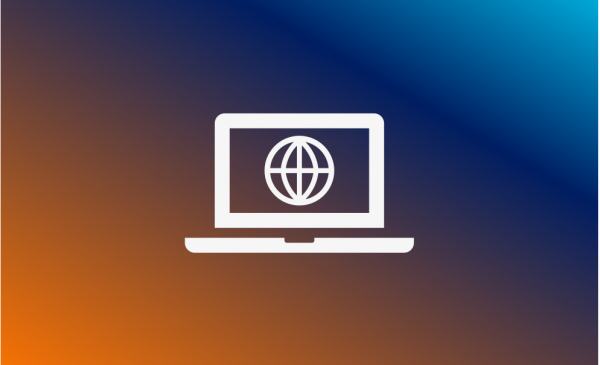 white laptop icon over orange and blue background