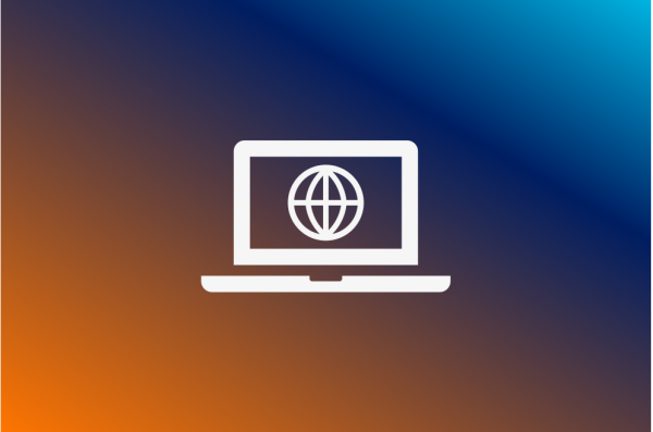 white laptop icon over orange and blue background