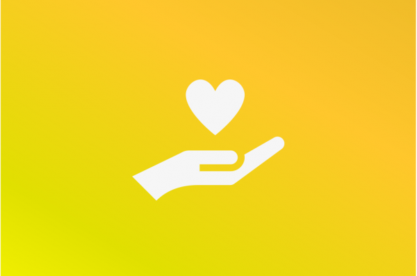 white icon of a hand extending a heart over a yellow and orange gradient background