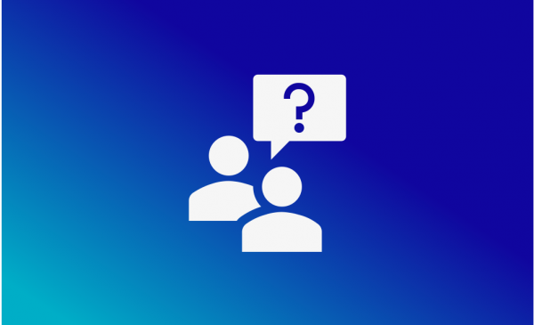 white icon of two people, one has a text box above their head with a question mark in it, and this icon is on a blue gradient background