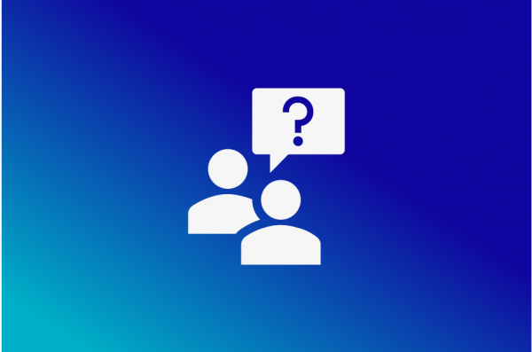 white icon of one person asking another person a question over a blue gradient