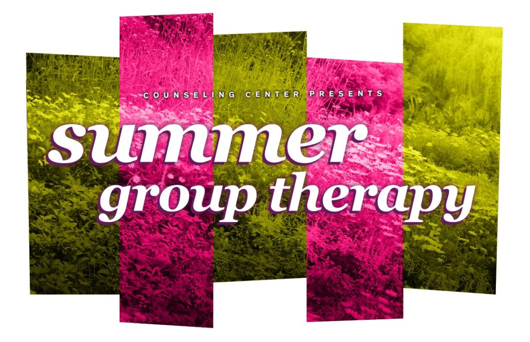 background of alternating yellow and purple strips with white text imposed on top that says summer group therapy
