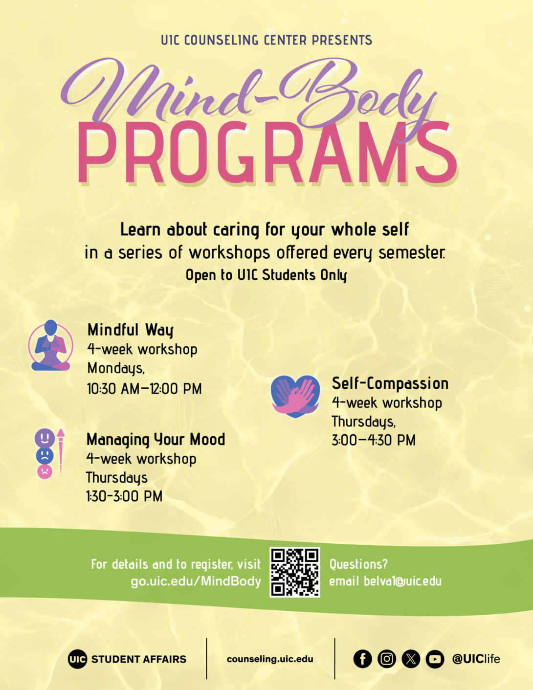 flyer for mind-body programs with a qr code in the bottom center