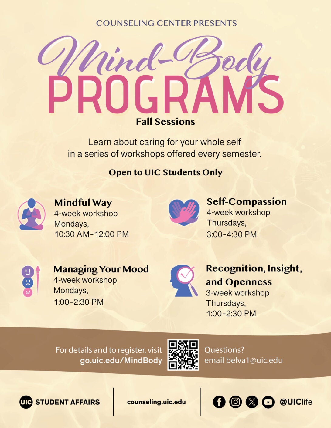 flyer for mind-body programs with a qr code in the bottom center