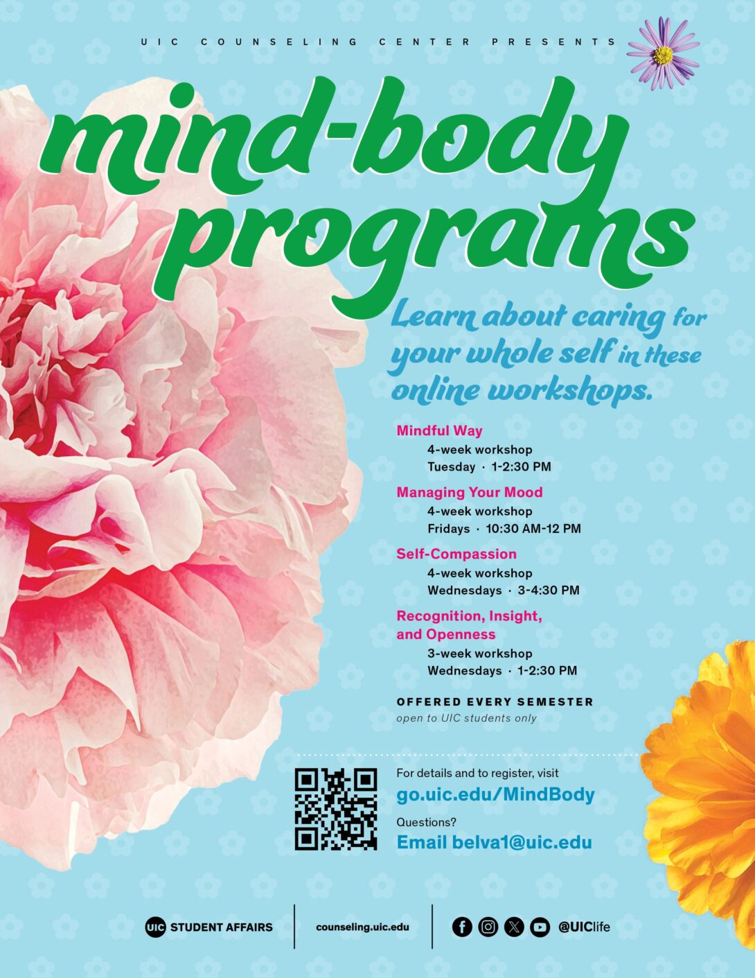 flyer for mind-body programs with a qr code in the bottom center